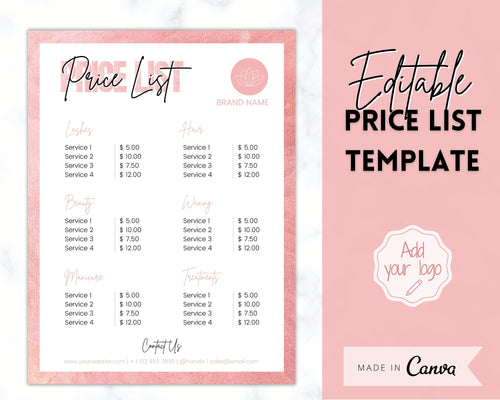 PRICE LIST Template Editable! Price Sheet, Pricing Guide, Hair Salon, Hairdresser, Photography, Beauty, Menu, Make up, Tags, Tumbler, Canva | Style 12