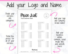 Load image into Gallery viewer, PRICE LIST Template Editable. Printable Price Sheet, Price Guide, Hair Salon, Hairdresser, Beauty, Black Monochrome, Custom Menu, Pricing | Style 6
