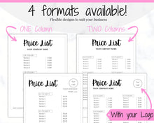 Load image into Gallery viewer, PRICE LIST Template Editable. Printable Price Sheet, Price Guide, Hair Salon, Hairdresser, Beauty, Black Monochrome, Custom Menu, Pricing | Style 6
