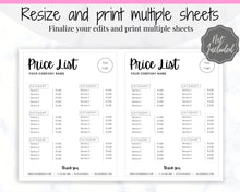 Load image into Gallery viewer, PRICE LIST Template Editable. Printable Price Sheet, Price Guide, Hair Salon, Hairdresser, Beauty, Black Monochrome, Custom Menu, Pricing | Style 6
