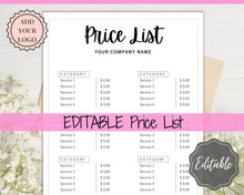 Load image into Gallery viewer, PRICE LIST Template Editable. Printable Price Sheet, Price Guide, Hair Salon, Hairdresser, Beauty, Black Monochrome, Custom Menu, Pricing | Style 6
