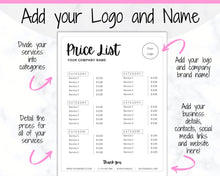 Load image into Gallery viewer, PRICE LIST Template Editable. Printable Price Sheet, Price Guide, Hair Salon, Hairdresser, Beauty, Black Monochrome, Custom Menu, Pricing | Style 7
