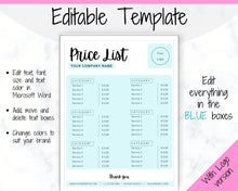 Load image into Gallery viewer, PRICE LIST Template Editable. Printable Price Sheet, Price Guide, Hair Salon, Hairdresser, Beauty, Black Monochrome, Custom Menu, Pricing | Style 7
