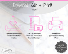 Load image into Gallery viewer, PRICE LIST Template Editable. Printable Price Sheet, Price Guide, Hair Salon, Hairdresser, Beauty, Black Monochrome, Custom Menu, Pricing | Style 7
