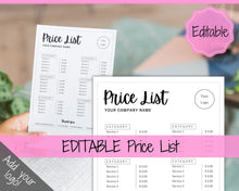 Load image into Gallery viewer, PRICE LIST Template Editable. Printable Price Sheet, Price Guide, Hair Salon, Hairdresser, Beauty, Black Monochrome, Custom Menu, Pricing | Style 7
