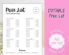 Load image into Gallery viewer, PRICE LIST Template Editable. Printable Price Sheet, Price Guide, Hair Salon, Hairdresser, Beauty, Black Monochrome, Custom Menu, Pricing | Style 7
