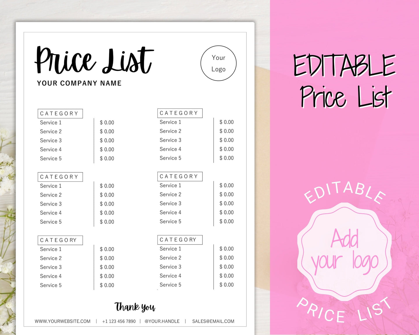 PRICE LIST Template Editable. Printable Price Sheet, Price Guide, Hair Salon, Hairdresser, Beauty, Black Monochrome, Custom Menu, Pricing | Style 7