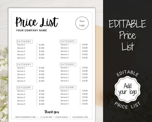 PRICE LIST Template Editable. Printable Price Sheet, Price Guide, Hair Salon, Hairdresser, Beauty, Black Monochrome, Custom Menu, Pricing | Style 8