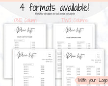 Load image into Gallery viewer, PRICE LIST Template Editable. Printable Price Sheet, Price Guide, Hair Salon, Hairdresser, Beauty, Black Monochrome, Custom Menu, Pricing | Style 9
