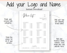 Load image into Gallery viewer, PRICE LIST Template Editable. Printable Price Sheet, Price Guide, Hair Salon, Hairdresser, Beauty, Black Monochrome, Custom Menu, Pricing | Style 9
