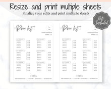Load image into Gallery viewer, PRICE LIST Template Editable. Printable Price Sheet, Price Guide, Hair Salon, Hairdresser, Beauty, Black Monochrome, Custom Menu, Pricing | Style 9
