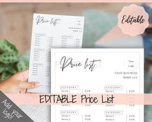 Load image into Gallery viewer, PRICE LIST Template Editable. Printable Price Sheet, Price Guide, Hair Salon, Hairdresser, Beauty, Black Monochrome, Custom Menu, Pricing | Style 9
