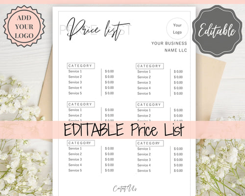 PRICE LIST Template Editable. Printable Price Sheet, Price Guide, Hair Salon, Hairdresser, Beauty, Black Monochrome, Custom Menu, Pricing | Style 9