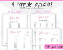 Load image into Gallery viewer, PRICE LIST Template Editable. Printable Price Sheet, Price Guide, Hair Salon, Hairdresser, Beauty, Pink Pricing Design, Custom Menu, Pricing | Style 5
