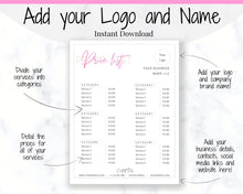 Load image into Gallery viewer, PRICE LIST Template Editable. Printable Price Sheet, Price Guide, Hair Salon, Hairdresser, Beauty, Pink Pricing Design, Custom Menu, Pricing | Style 5
