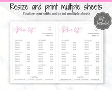 Load image into Gallery viewer, PRICE LIST Template Editable. Printable Price Sheet, Price Guide, Hair Salon, Hairdresser, Beauty, Pink Pricing Design, Custom Menu, Pricing | Style 5
