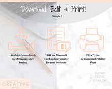 Load image into Gallery viewer, PRICE LIST Template Editable. Printable Price Sheet, Price Guide, Hair Salon, Hairdresser, Beauty, Pink Pricing Design, Custom Menu, Pricing | Style 5
