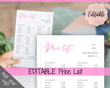 Load image into Gallery viewer, PRICE LIST Template Editable. Printable Price Sheet, Price Guide, Hair Salon, Hairdresser, Beauty, Pink Pricing Design, Custom Menu, Pricing | Style 5
