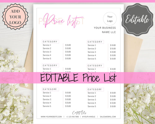 PRICE LIST Template Editable. Printable Price Sheet, Price Guide, Hair Salon, Hairdresser, Beauty, Pink Pricing Design, Custom Menu, Pricing | Style 5