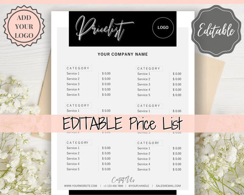 PRICE LIST Template Editable. Printable Price Sheet, Price Guide, Hair Salon, Hairdresser, Beauty, Pink Watercolor, Custom Menu, Pricing | Style 1