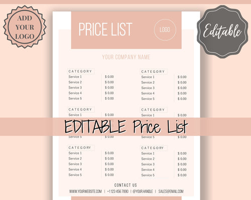 PRICE LIST Template Editable. Printable Price Sheet, Price Guide, Hair Salon, Hairdresser, Beauty, Pink Watercolor, Custom Menu, Pricing | Style 2