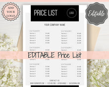 Load image into Gallery viewer, PRICE LIST Template Editable. Printable Price Sheet, Price Guide, Hair Salon, Hairdresser, Beauty, Pink Watercolor, Custom Menu, Pricing | Style 3
