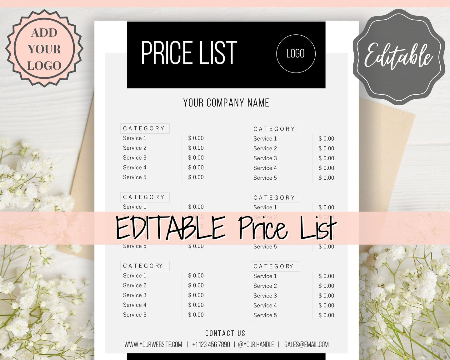 PRICE LIST Template Editable. Printable Price Sheet, Price Guide, Hair Salon, Hairdresser, Beauty, Pink Watercolor, Custom Menu, Pricing | Style 3