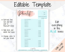 Load image into Gallery viewer, PRICE LIST Template Editable. Printable Price Sheet, Price Guide, Hair Salon, Hairdresser, Beauty, Pink Watercolor, Custom Menu, Pricing | Style 4
