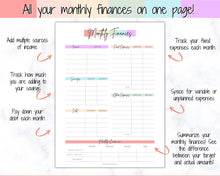 Load image into Gallery viewer, Paycheck Budget Planner Printable, Monthly Financial Tracker Template, Savings Tracker, Binder, Debt, Bill, Spending, Expenses Income Money | Pastel Rainbow

