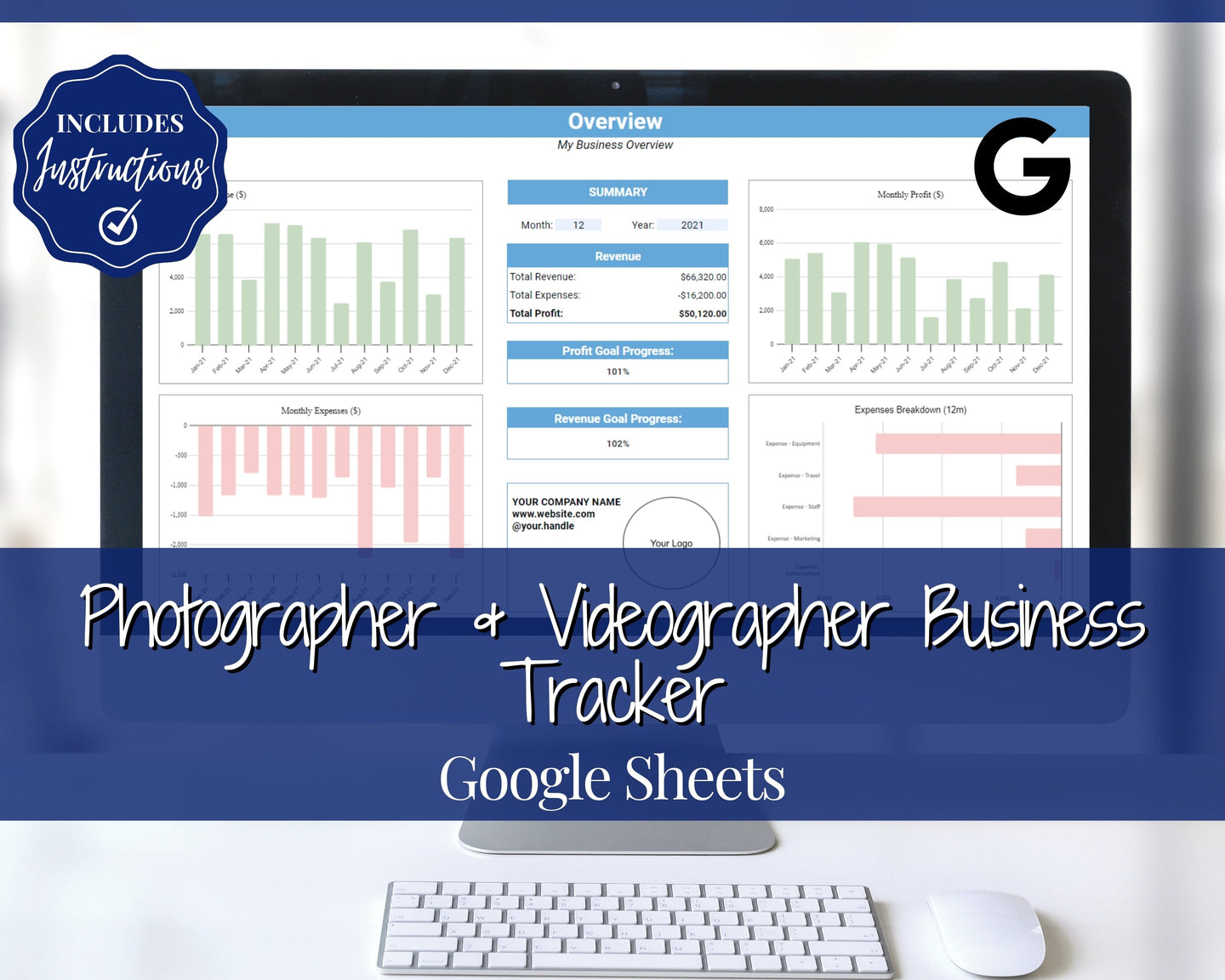 Photography Business Tracker, Spreadsheet, Google Sheets, Monthly Annual Profit Loss, Videography, Photographer Videographer, Income Expense