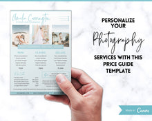 Load image into Gallery viewer, Photography Pricing Guide Template TWO Page , Price List, Photo Session, CANVA Template, minis, Wedding, Photographer business marketing | Blue
