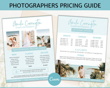 Load image into Gallery viewer, Photography Pricing Guide Template TWO Page , Price List, Photo Session, CANVA Template, minis, Wedding, Photographer business marketing | Blue
