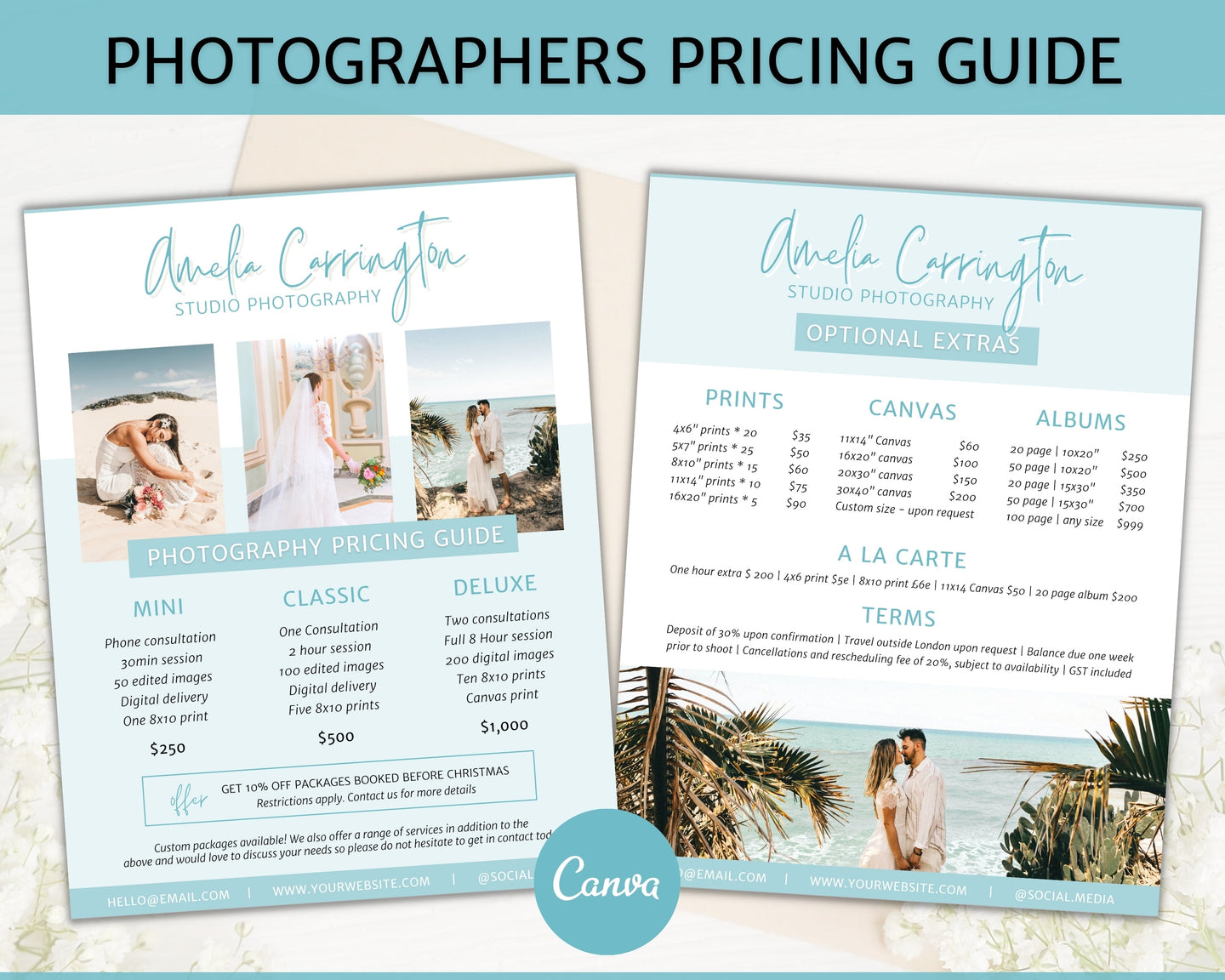 Photography Pricing Guide Template TWO Page , Price List, Photo Session, CANVA Template, minis, Wedding, Photographer business marketing | Blue