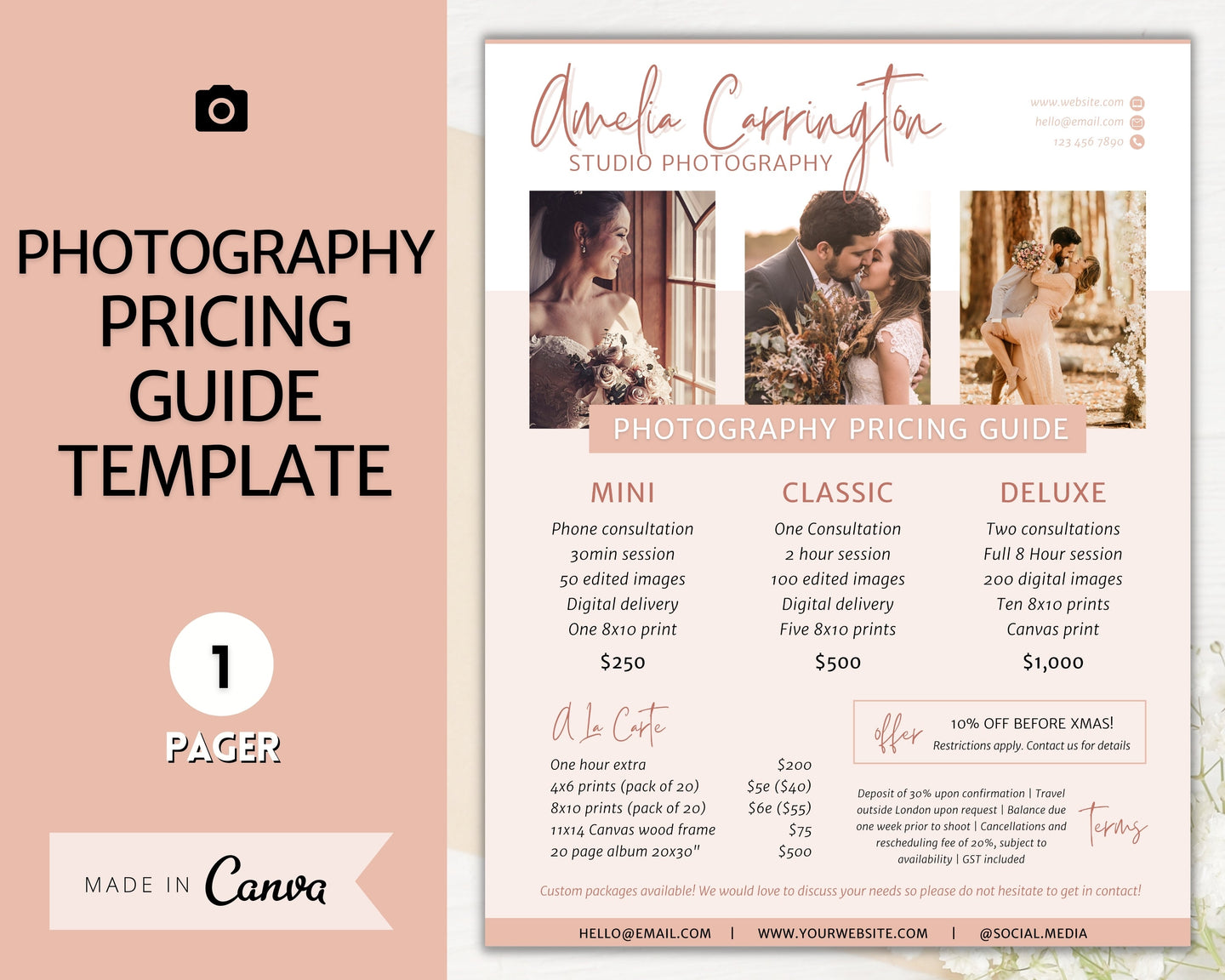 Photography Pricing Template, Pricing Guide, Photo Session Price List, CANVA, Minis, Wedding, Photographer business marketing, Full page | Nude Monochrome