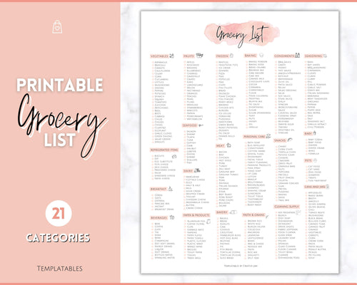 Pink Grocery List, Master Grocery List Printable, Weekly Shopping List, Meal Planner Checklist, Grocery PDF, Kitchen Organization Template | Pink Watercolor