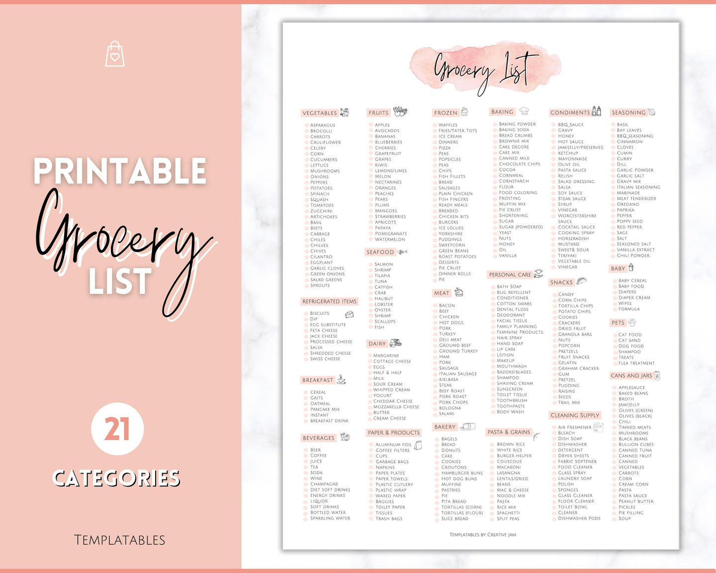 Pink Grocery List, Master Grocery List Printable, Weekly Shopping List, Meal Planner Checklist, Grocery PDF, Kitchen Organization Template | Pink Watercolor