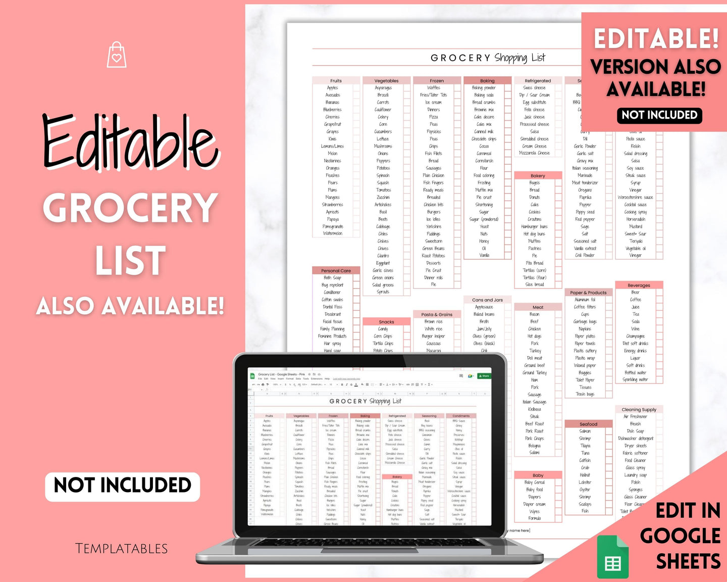 EDITABLE Grocery List Printable | Digital Weekly Shopping, Meal Planner Checklist, Kitchen Organization Template, Google Sheets | Pink