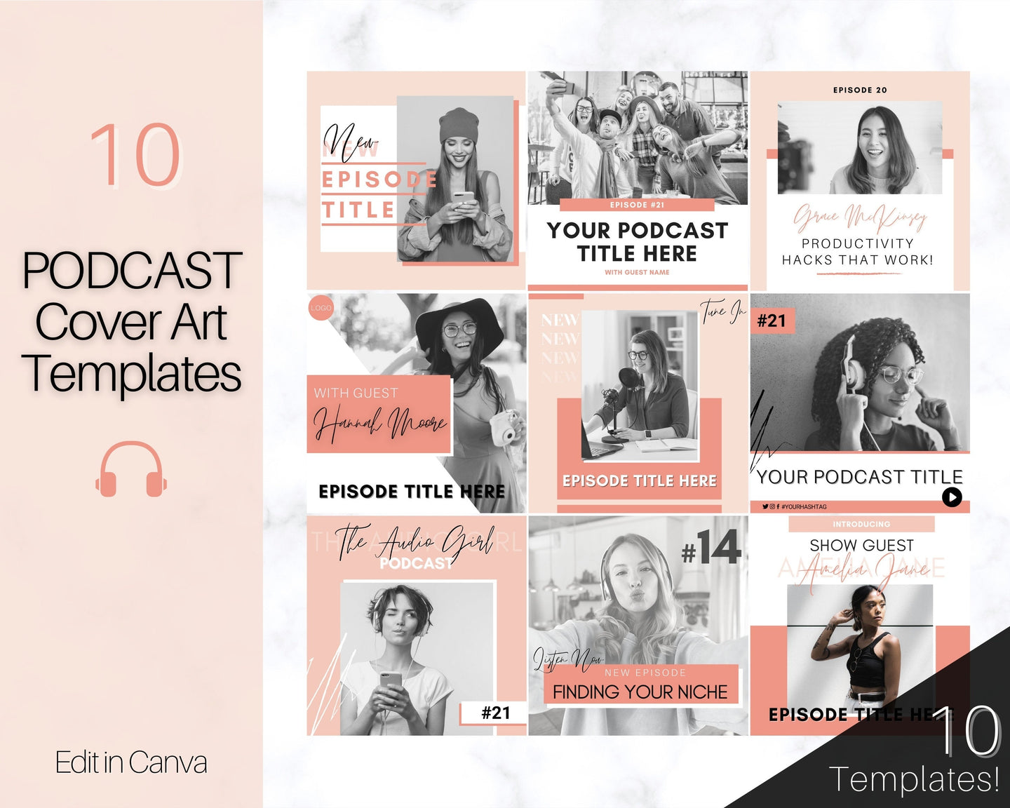 Podcast COVER ART Templates. 10 Editable Podcast Canva Mockups. Pod cast Photo. Podcast Graphics BUNDLE. Podcaster podcasting, Podcast Cover | Pink