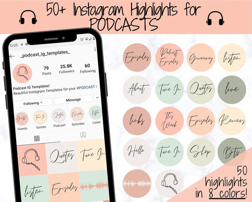 Podcast Instagram Highlight Covers, 50 Icons, Handwritten Podcasting IG Highlights, Blush Insta Story Covers, Text, Stories, IG Feed | Pastel