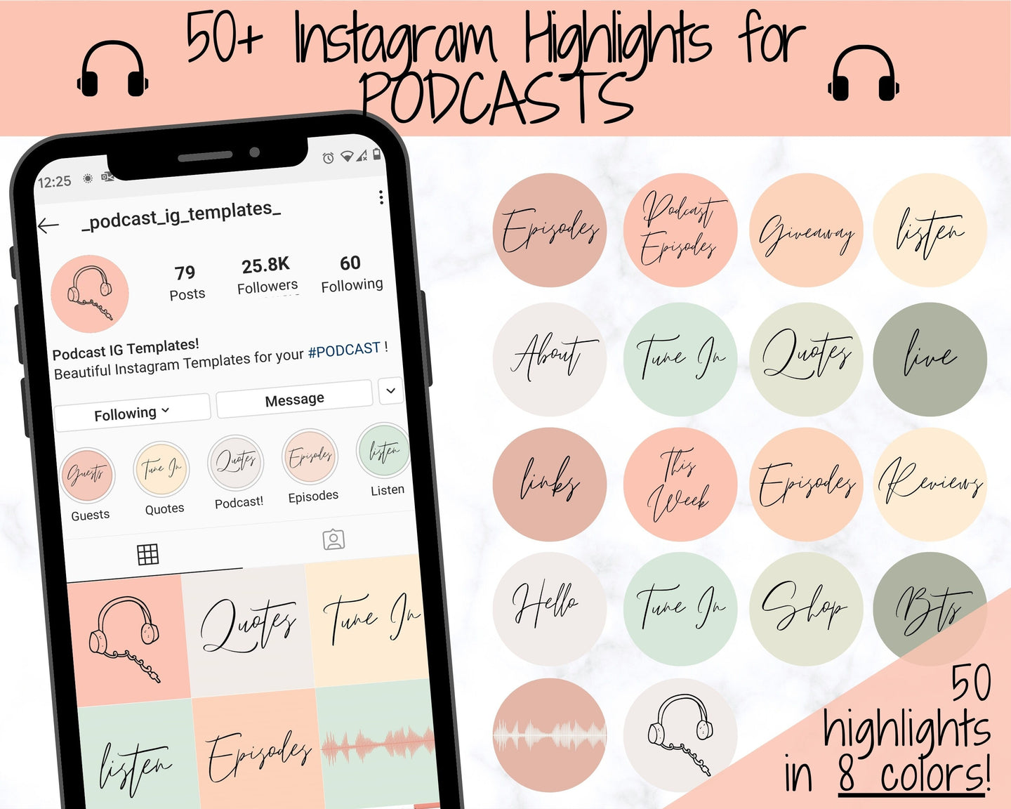 Podcast Instagram Highlight Covers, 50 Icons, Handwritten Podcasting IG Highlights, Blush Insta Story Covers, Text, Stories, IG Feed | Pastel
