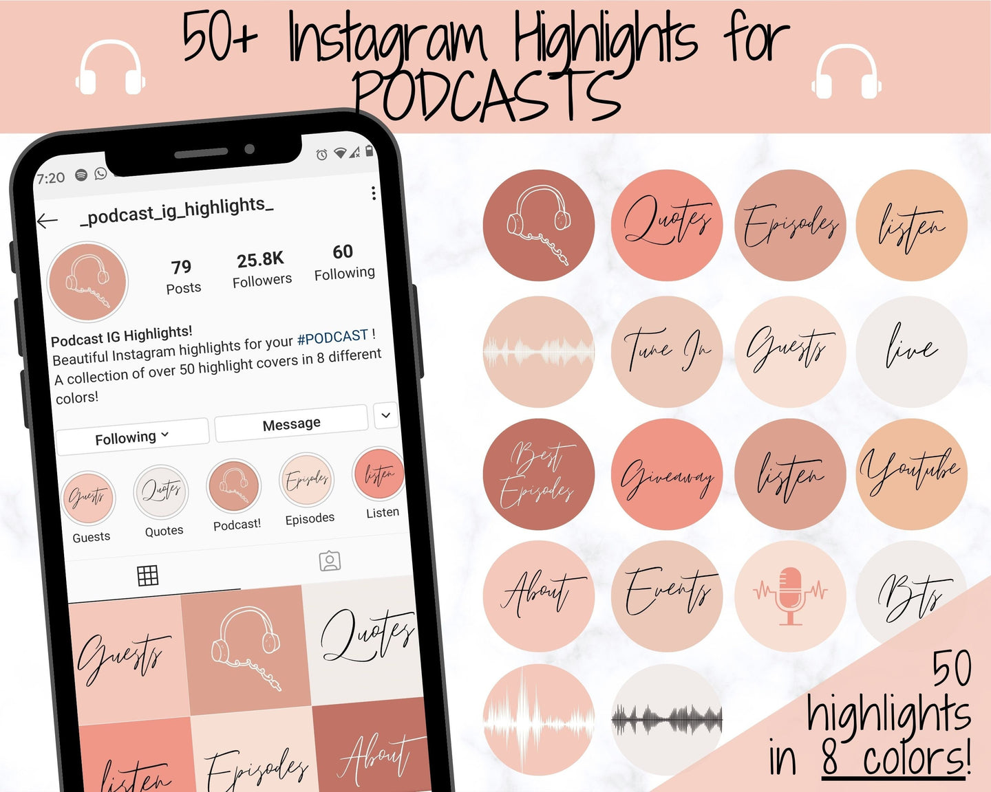 Podcast Instagram Highlight Covers, 50 Icons, Nude Handwritten Podcasting IG Highlights, Blush Insta Story Covers, Text, Stories, IG Feed | Nude