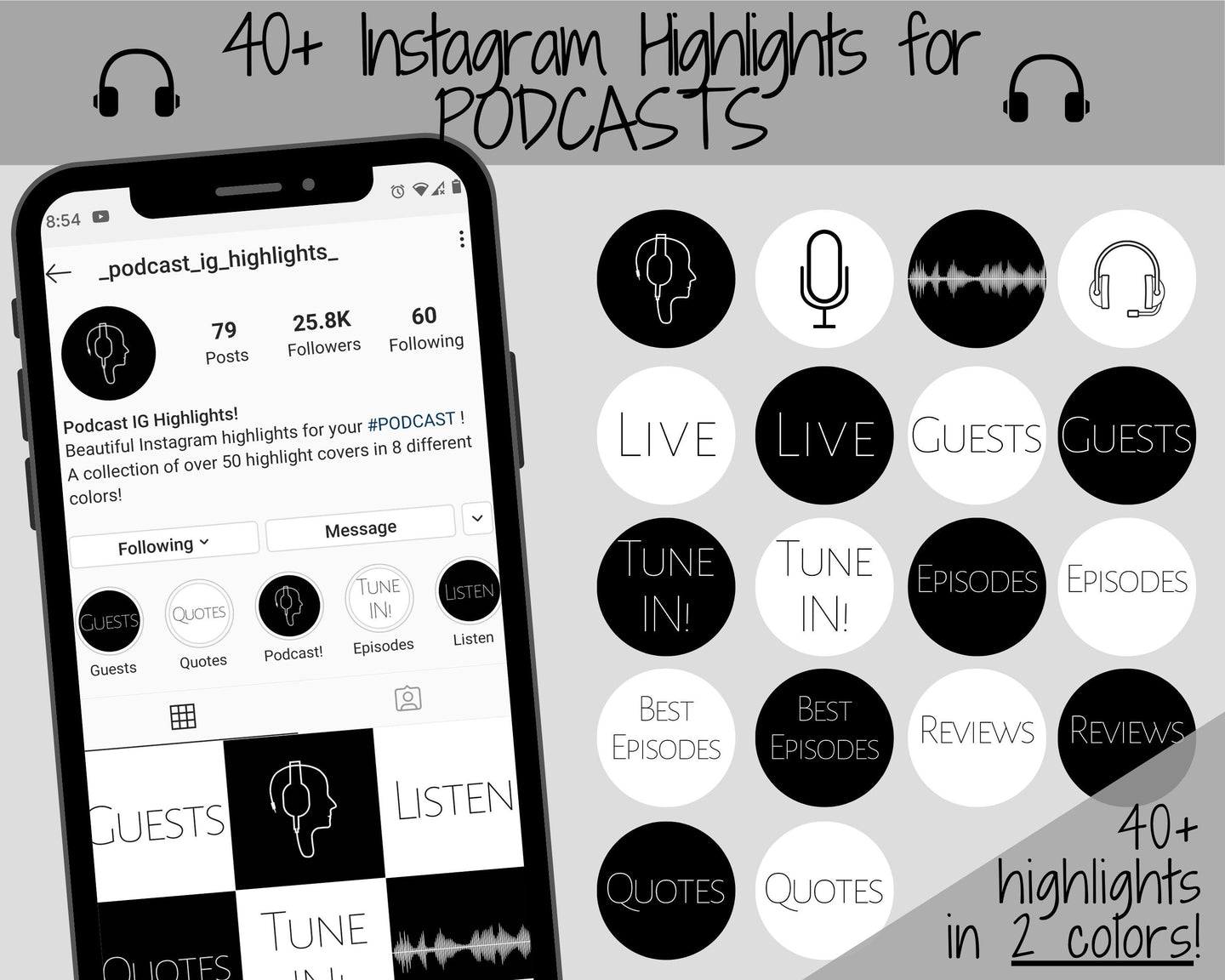 Podcast Instagram Highlight Icon Covers, 40+ Black & White Minimalist Podcasting IG Highlights, Insta Story Covers, Text, Stories, IG Feed | Mono