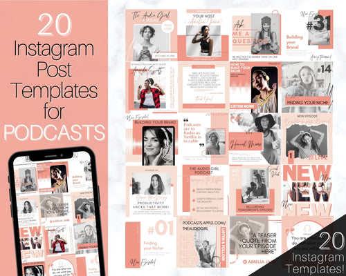 Podcast Instagram Post Templates. Canva Template Pack. Instagram Square Posts. Podcast Template, Podcasters, Podcasting, Social Media Bundle | Nude