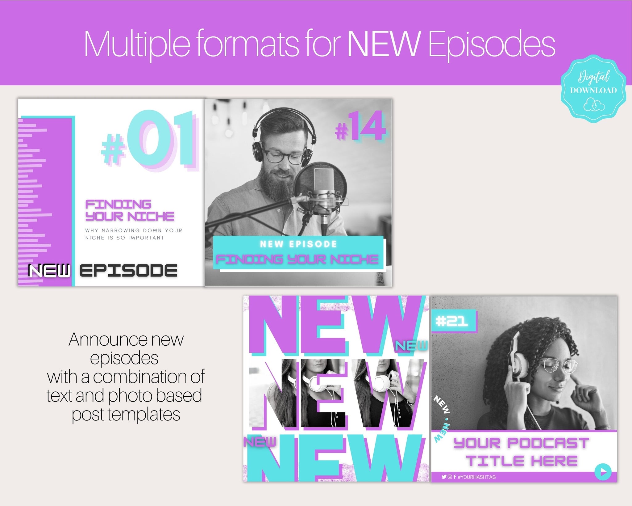 Podcast Instagram Square Post Templates 20 Canva Bundle Purple