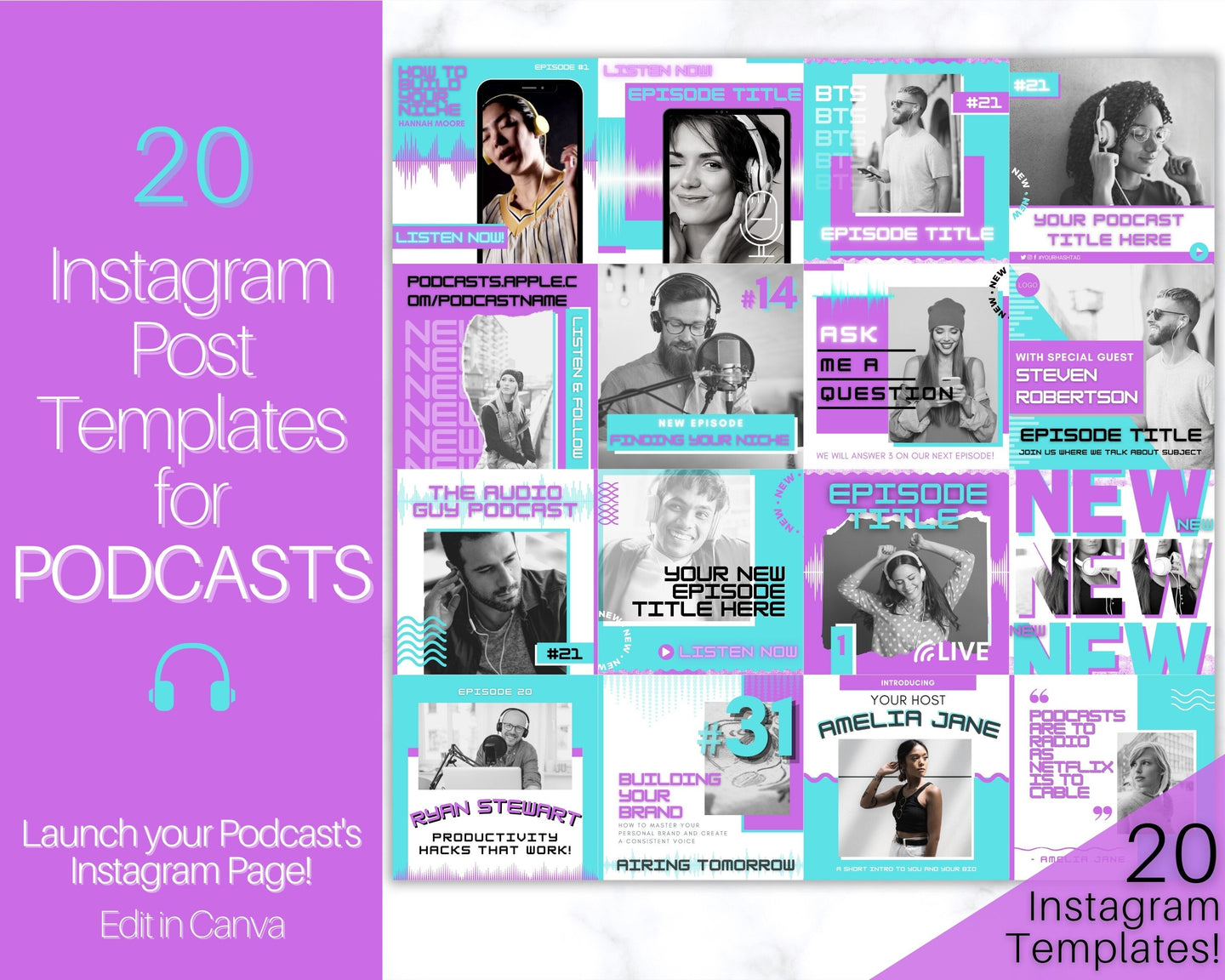 Podcast Instagram Post Templates. Canva Template Pack. Instagram Square Posts. Podcast Template, Podcasters, Podcasting, Social Media Bundle | Purple
