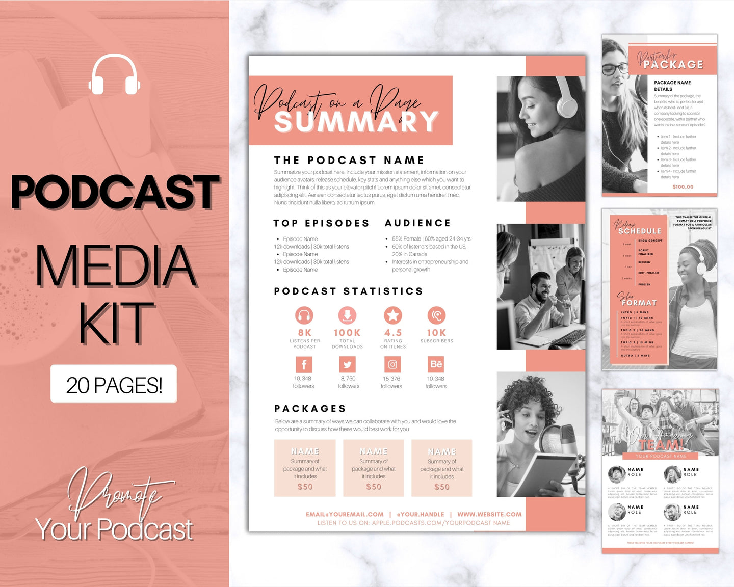 Podcast MEDIA KIT Template! Editable Canva Press Kit, Business Pitch, Rate Sheet Card, Podcasters, Planner, Influencer, Blogger, Price List | 20 Page Pink