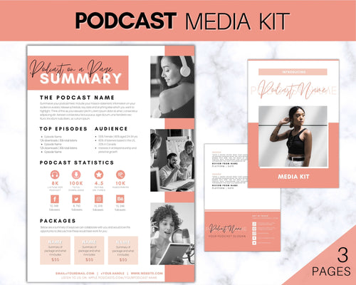 Podcast MEDIA KIT Template! Editable Canva Press Kit, Business Pitch, Rate Sheet Card, Podcasters, Planner, Influencer, Blogger, Price List | 3 Page Pink