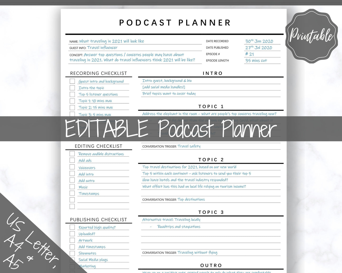 Podcast Planner, EDITABLE Podcast Template Content Calendar, Podcast Checklist, Logo, Printable Pod Cast Script Plan Worksheet & Tracker - Mono