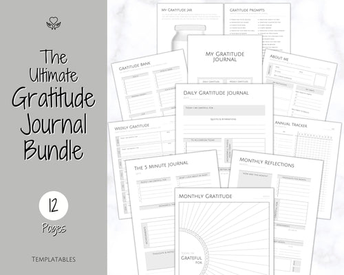 Printable Gratitude Journal BUNDLE! Mindfulness Log, Gratitude Template, Self Care Planner, Daily Journal for Women, Gratitude Jar, Wellness | Monochrome