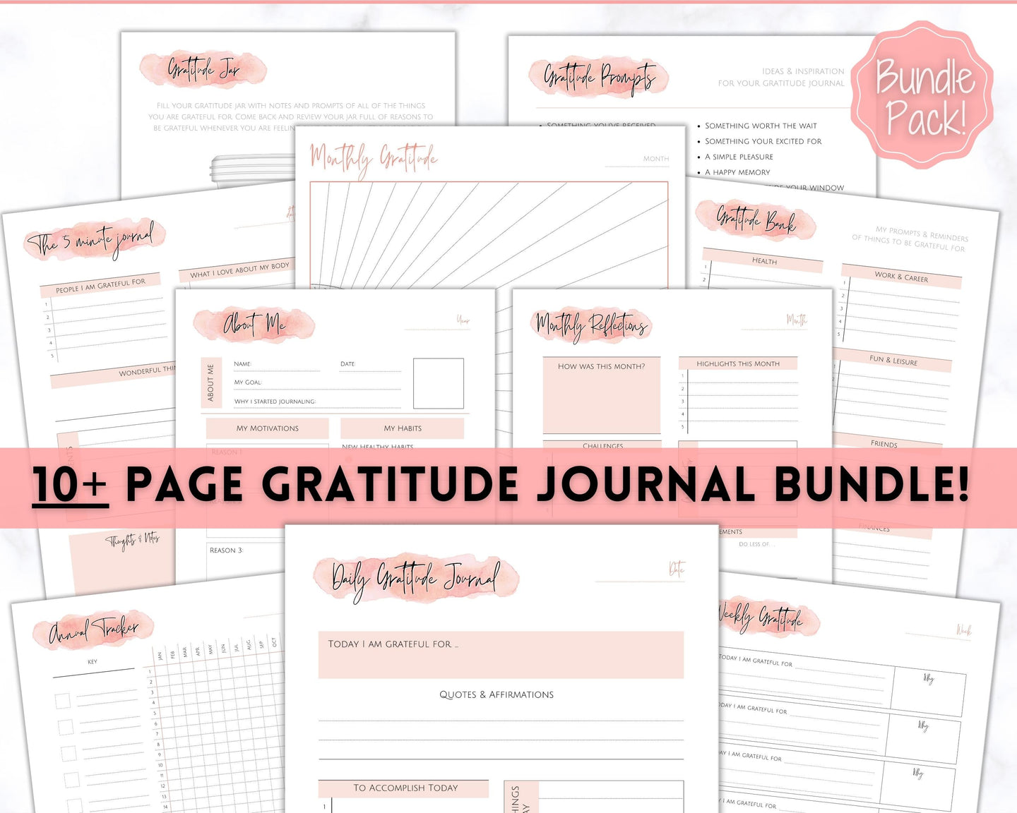 Printable Gratitude Journal BUNDLE! Mindfulness Log, Gratitude Template, Self Care Planner, Daily Journal for Women, Gratitude Jar, Wellness | Pink Watercolor